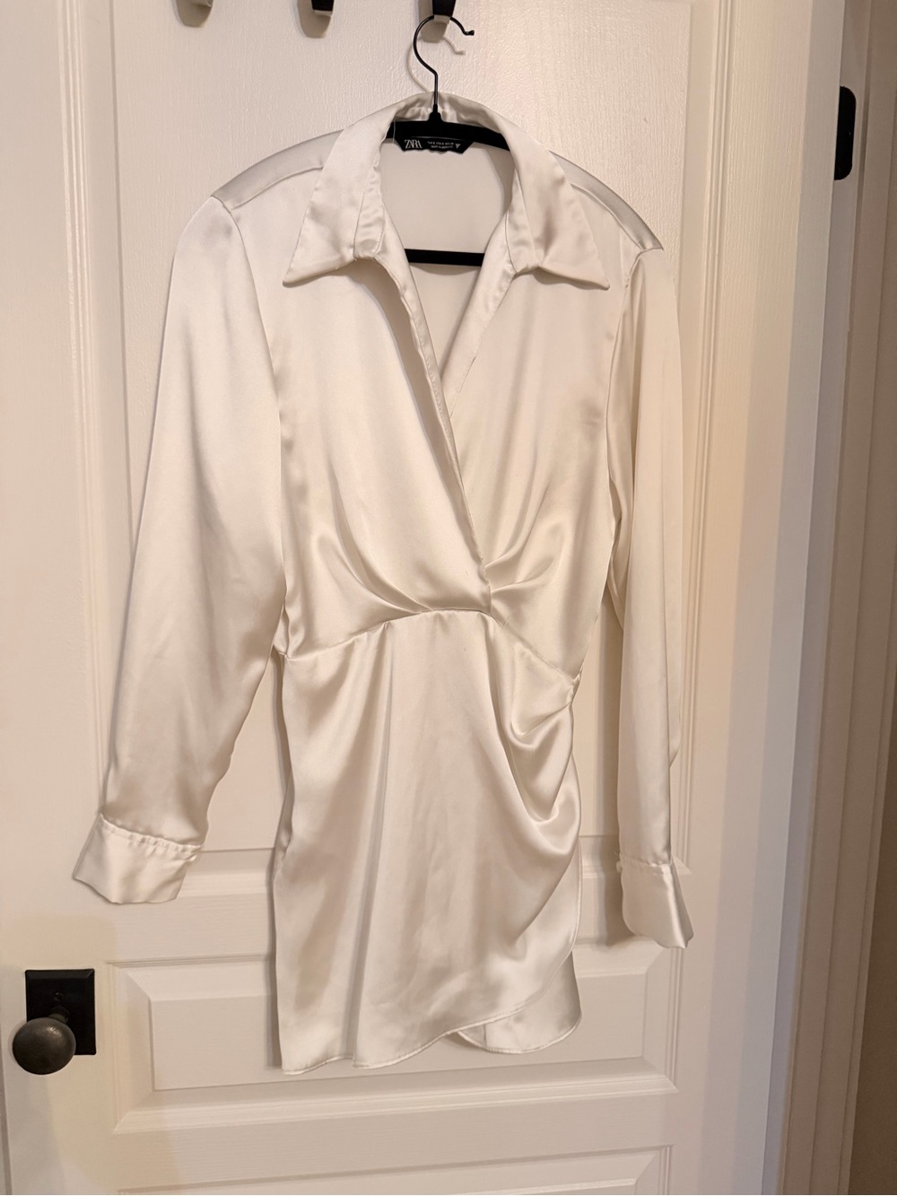 Zara Ivory Satin Long-Sleeve Wrap Dress